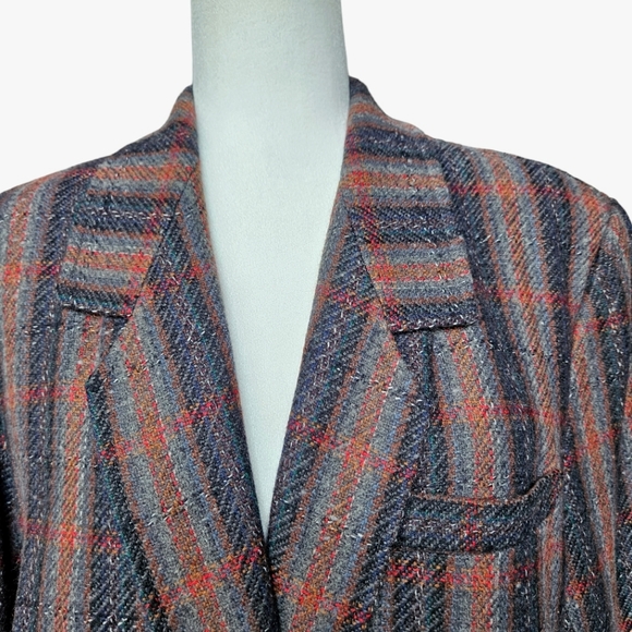 Vintage 90s Oversized Grey Red Blue Glen Plaid Hand Made Woolen Jacket Blazer 12 - Picture 4 of 15